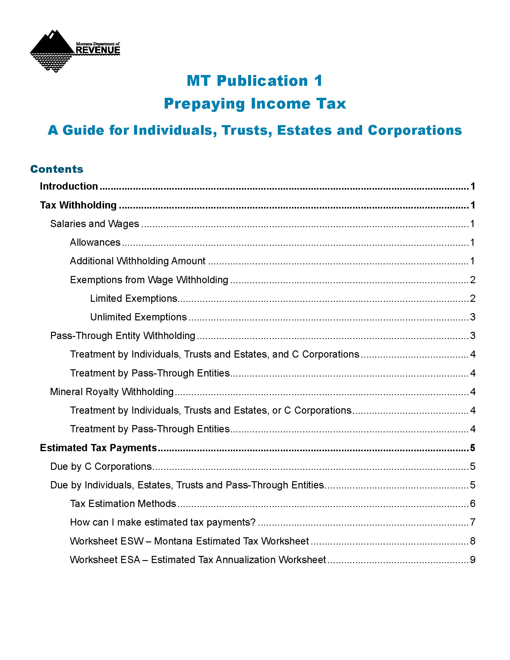 Publication 1: Prepaying Income Tax Cover Sheet