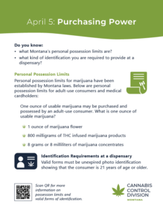 Poster titled 'April 5: Purchasing Power' explains Montana's personal possession limits for marijuana and the identification requirements at dispensaries. A QR code for additional information on possession limits and valid forms of identification is at the bottom.