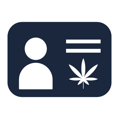 Image of an identification card icon featuring a silhouette of a person's head and shoulders next to a marijuana leaf, indicating an ID related to cannabis.