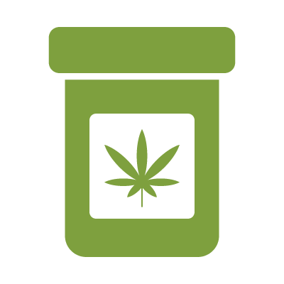 Icon of a green cannabis leaf on a label, centered on the front of a green medicinal container.