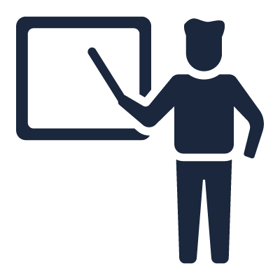 Icon of a person standing beside a presentation board, possibly representing a teacher or presenter.
