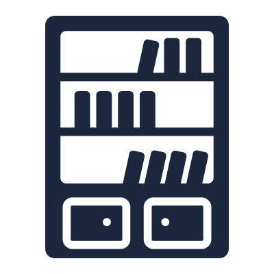 Icon of a bookshelf filled with books and two lower drawers