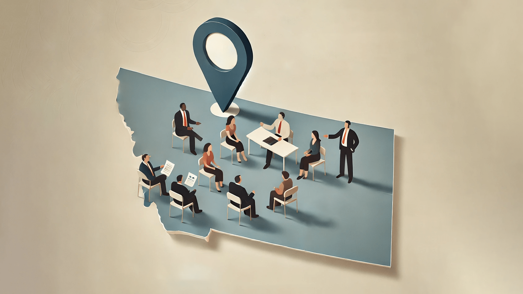 A map of Montana with a group of people sitting in a town hall setting, discussing around a table